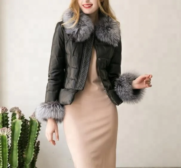 

Fashion Leather Fur Collar Design Ladies Sheep Faux Fur Coat, Black