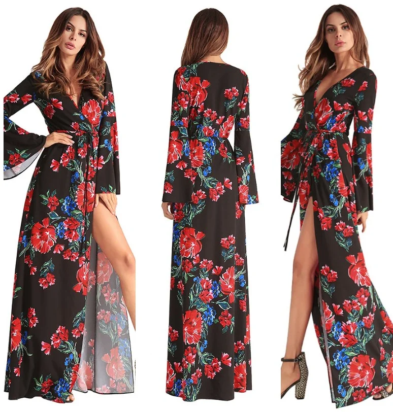 

Bohemian Print Irregular Split Women Chiffon Long Sleeve Maxi Dress, Black;any colors is available