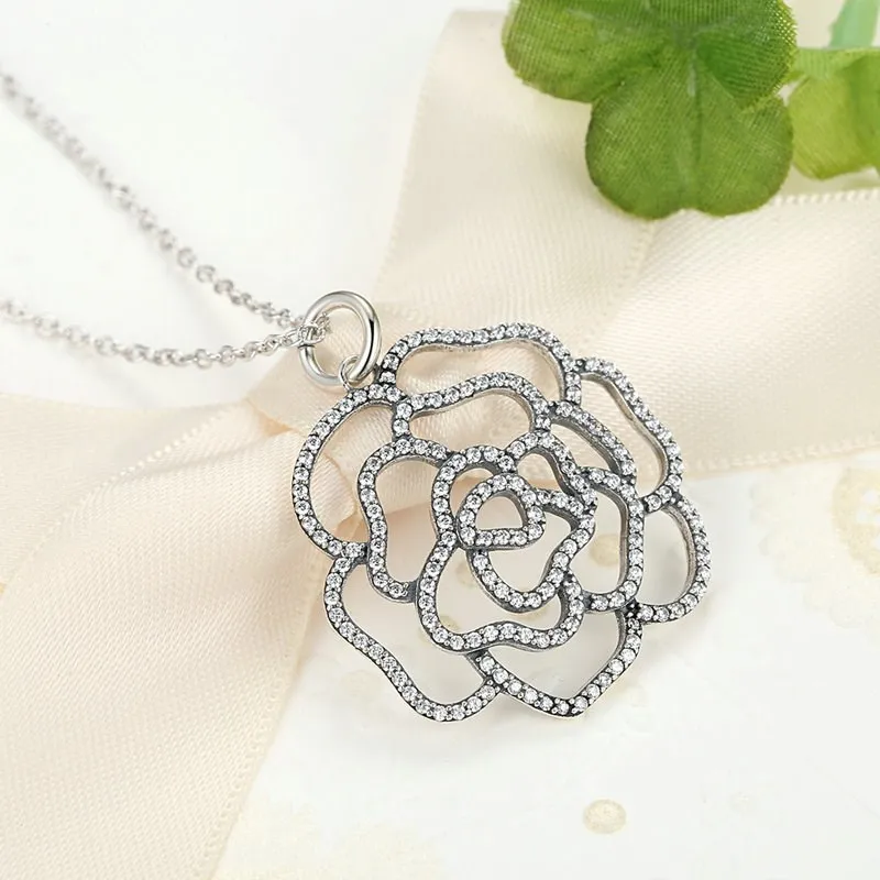 

Fashion Design Necklace 2020 Trendy Jewelry 925 Sterling Silver Shimmering Rose Pendant Necklace