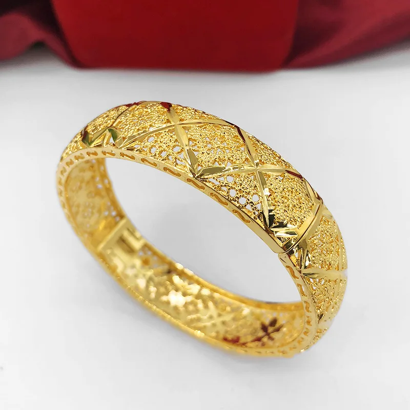 

High Quality No Fade Hollow Gold Bracelets Vietnam Alluvial Gold Cuff Bangle Designs Wedding Jewelry for Bride, Golden