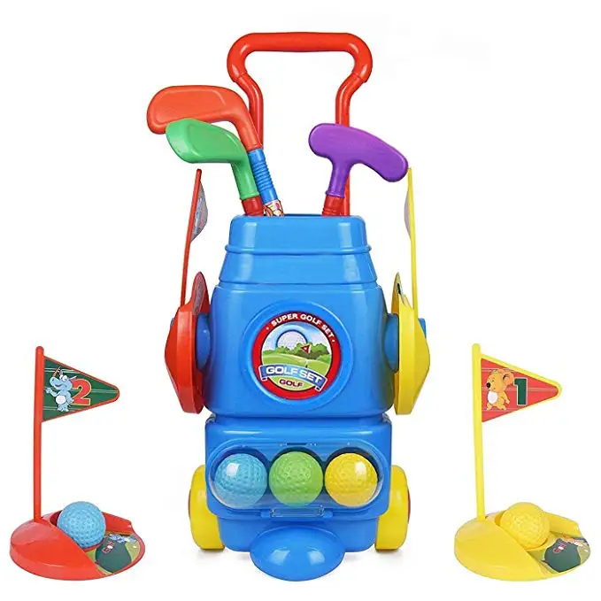 Kids Golf Club Set Golf Cart With Wheels 3 Colorful Golf Sticks,3 Balls