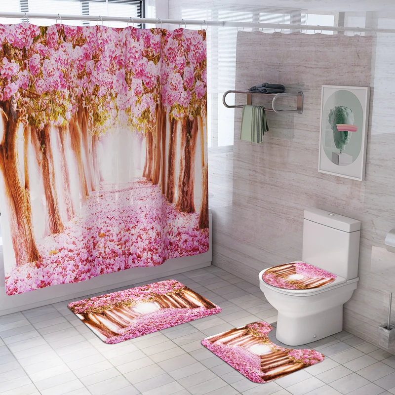 Lovely Pink Toilet Pad Cover Bath Mat Shower Curtain Set for Princess Bathroom Decoration