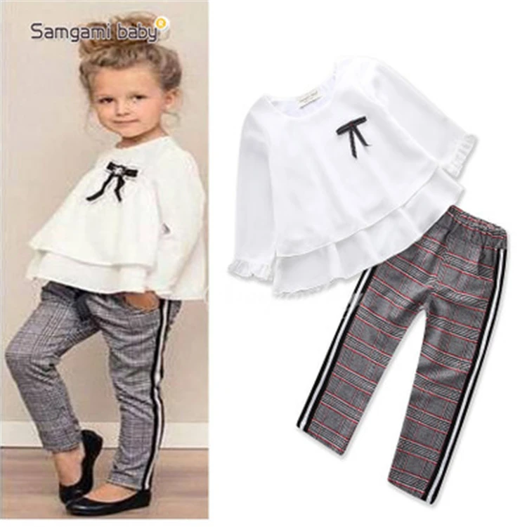 

18062 wholesale children's clothing girls spring 2 pieces set white shirt + plaid pants 5 colors