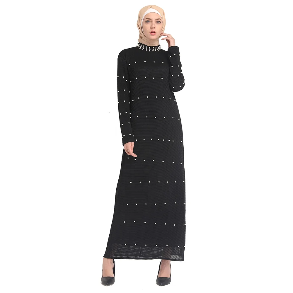 

New arrival muslim women long sleeve knit clothing dubai dress with pearls black abaya