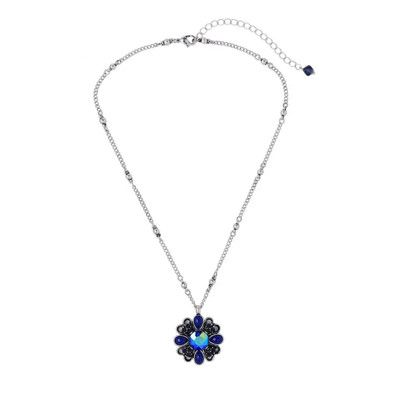 

xl01860c Vintage Gem Stone Hollow Flower Pendant Necklaces Jewelry Women