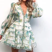 

2019 dress ZIM Floral Print Cotton Lace Crochet Embroidered Mini Flare Dress V-neck Lantern Runway puff sleeves V neck dress