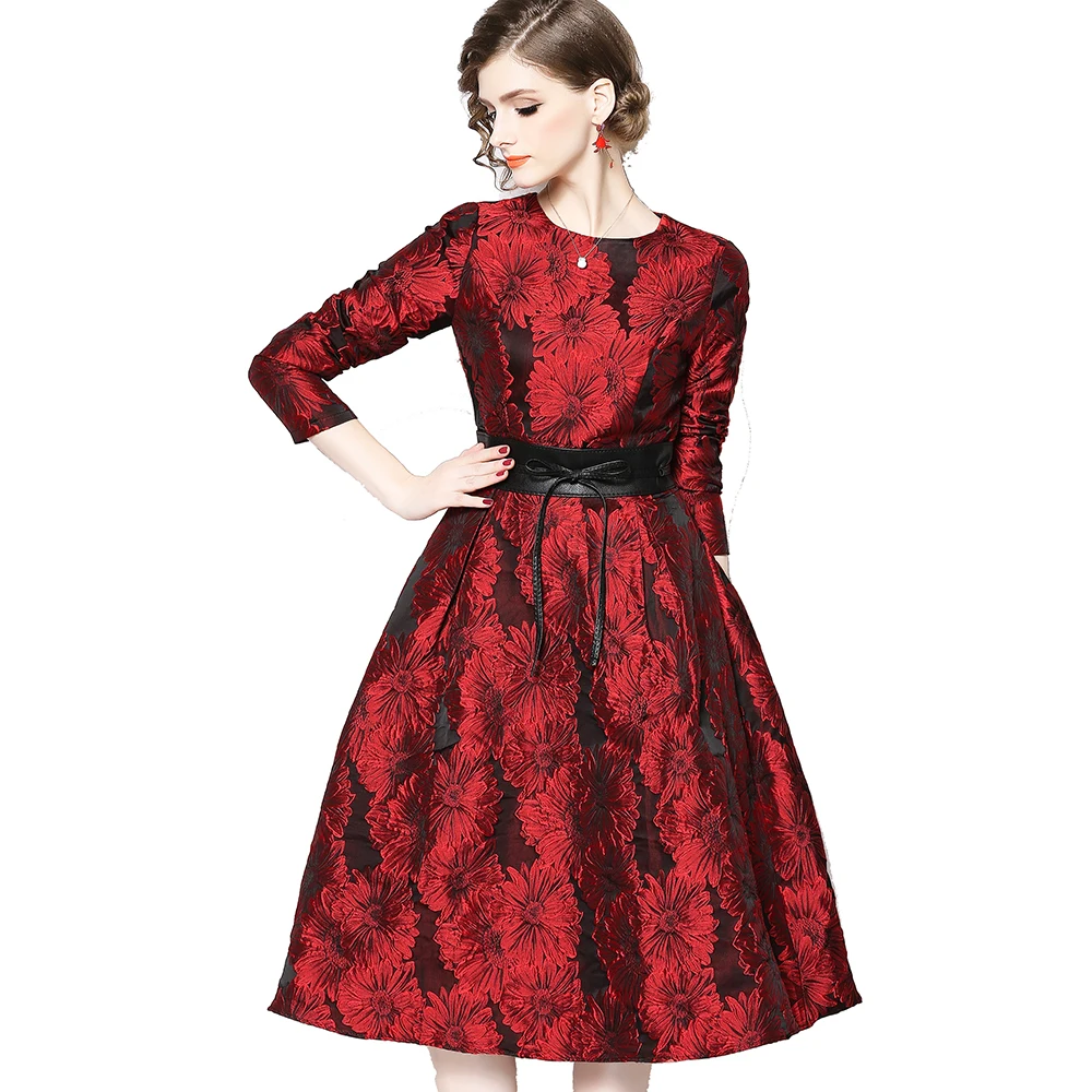 

Wholesale in Stock Elegant Women Fashion Long Sleeve A Line Dress Red Daisy Floral Jacquard Dress