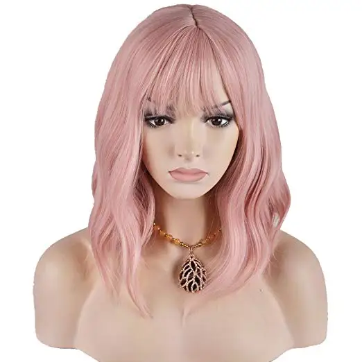 Cheap Lovely Girls Pink Synthetic Wigs Short Curly Women Charming Wigs with Bangs Cute Cosplay Wigs