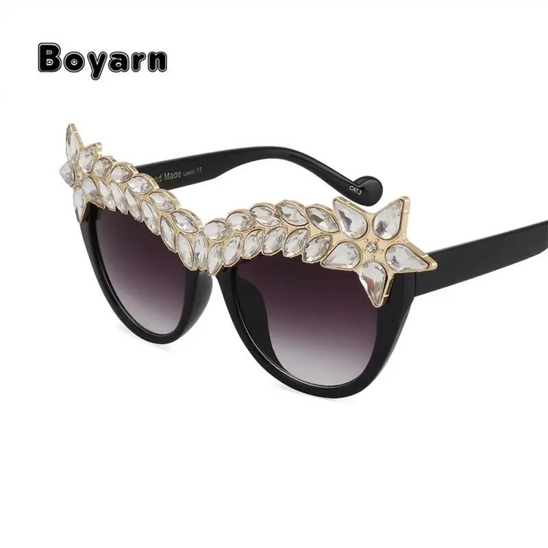 

BOYARN Women Cat Eye Sunglasses Vintage Brand Designer Luxury Crystal Diamond Oversize Frame Glasses For Woman UV400 SS118