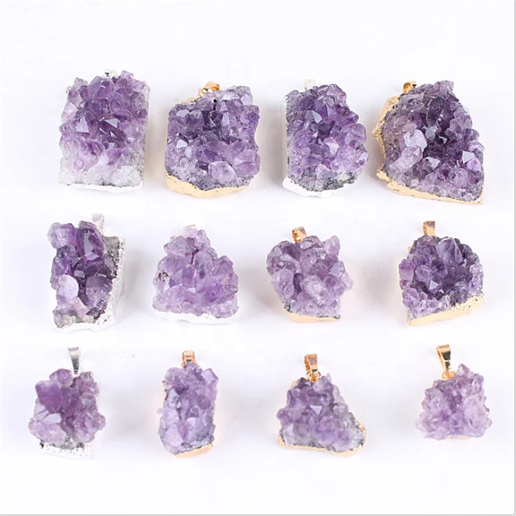 

Wholesale Raw Amethyst Geode Druzy Pendant Gold-plating Pendant 20-35mm, Purple