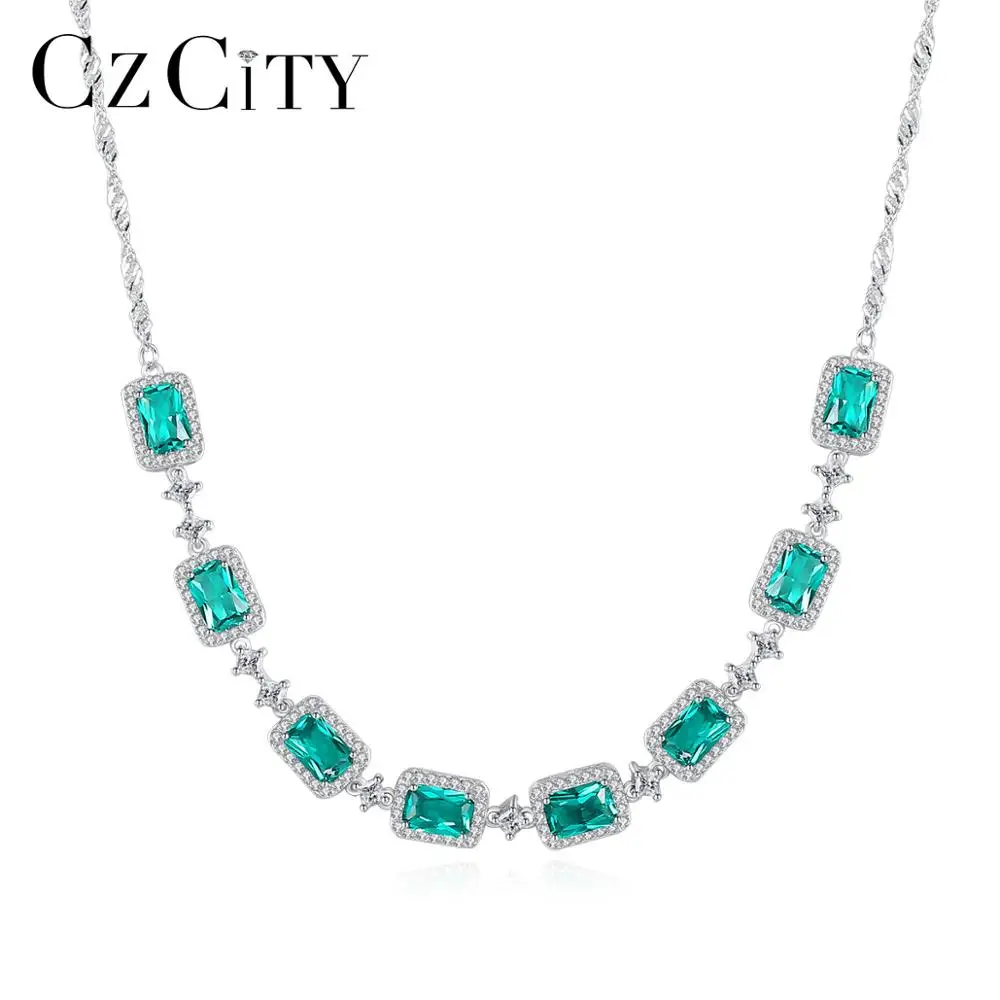 CZCITY Luxury Vintage S925 Sterling Silver Jewelry Necklace Women Green Gemstone CZ Charms Necklaces