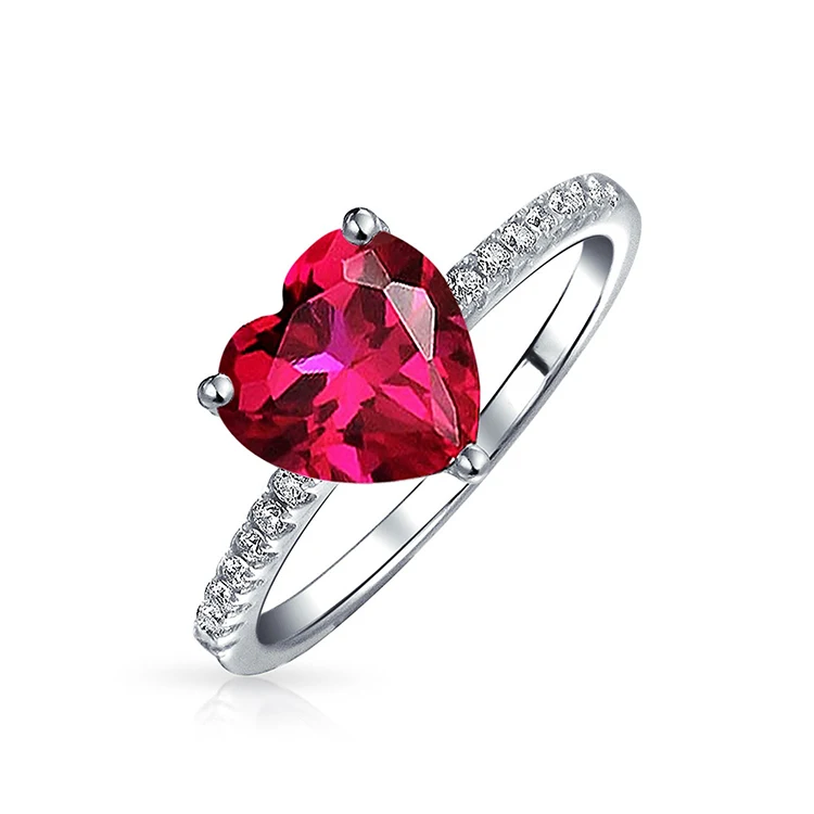

White Gold Plated Red Heart Shape Stone Sterling Silver CZ Ring