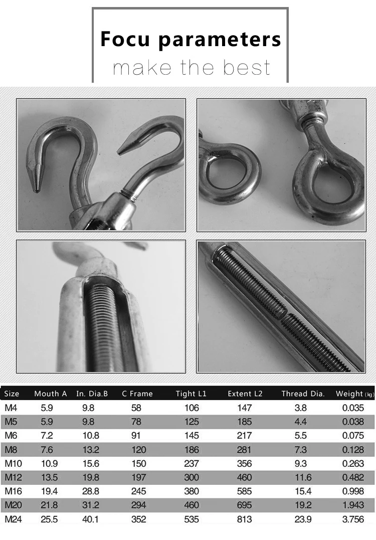 M14 Open Body Turnbuckles Eye And Hook Stainless Steel European