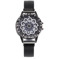 

WJ-8052 Bling Bling Pretty Flower Rotata Dial Trendy Women's Watch Magnetic Mesh Strap Match Color Ladies Wristwatches