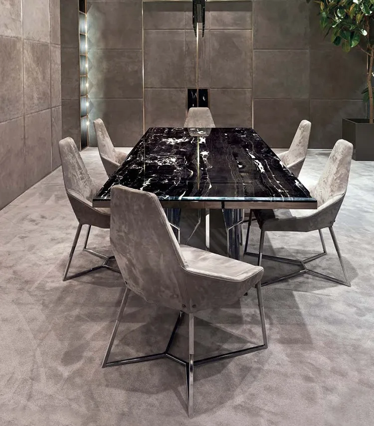 Luxury 8 Seater Rectangle Stainless Steel Base Marble Dining Table