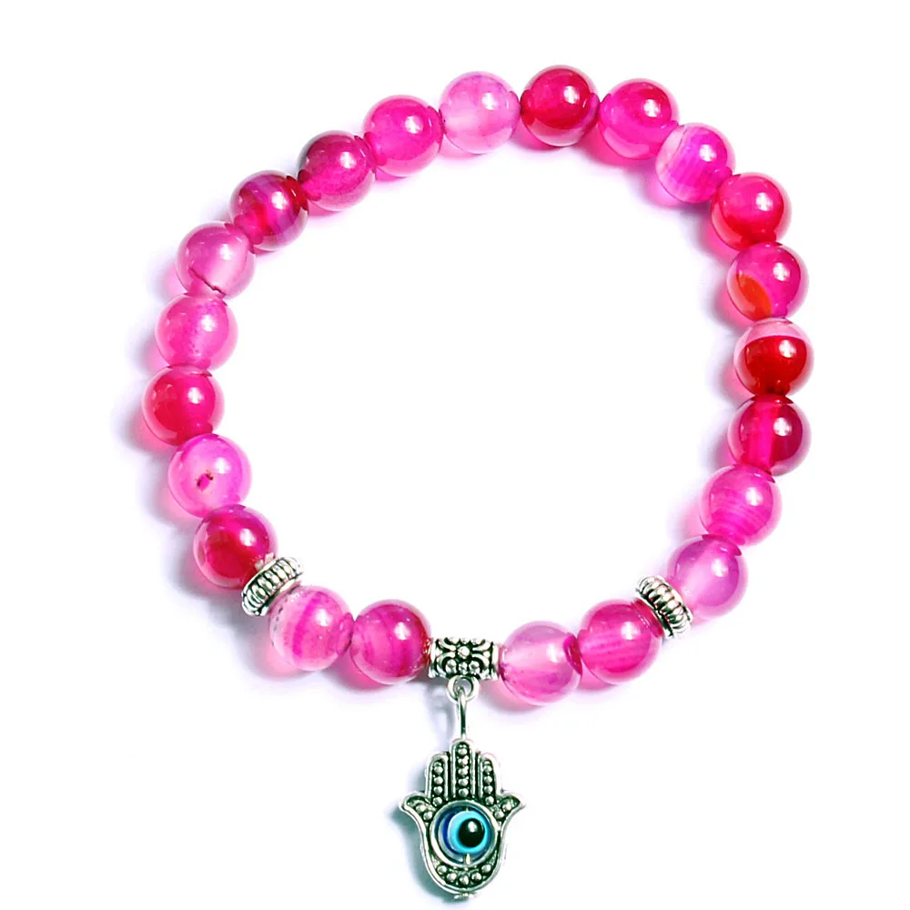 

Fashion Energy Pink Dumortierite Stone Bracelet Hamsa Pendant & Blue Eye Charm
