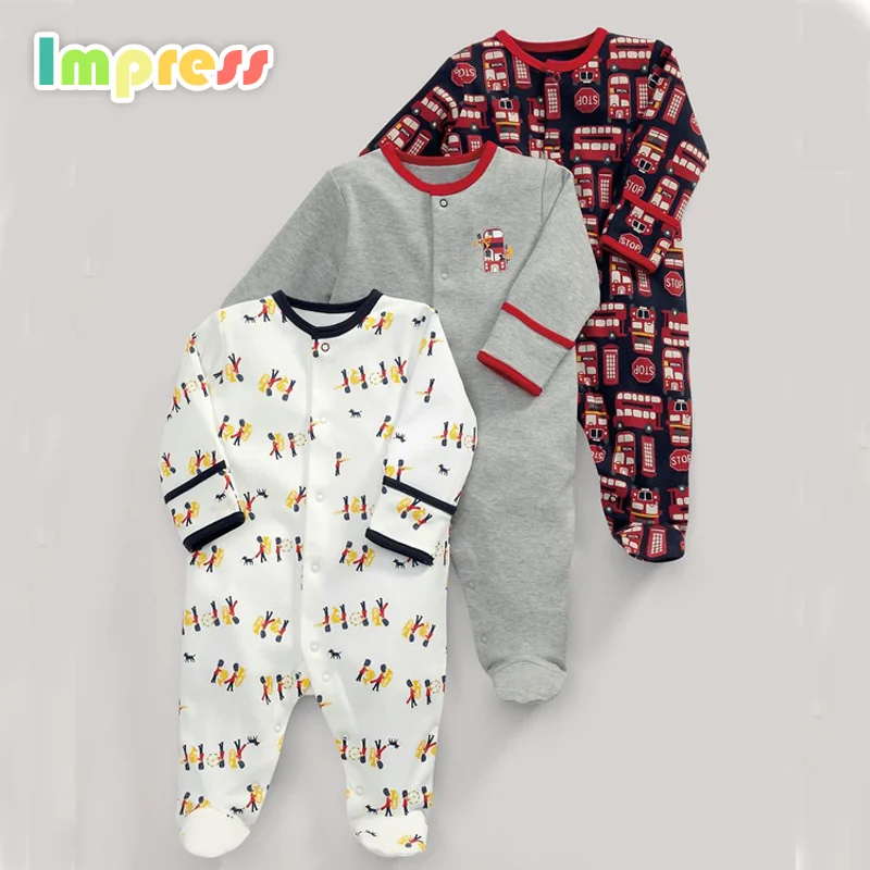 

Wholesale custom logo 3pcs baby clothes romper 100% cotton cartoon printed baby footed romper baby footed sleeper, As picture