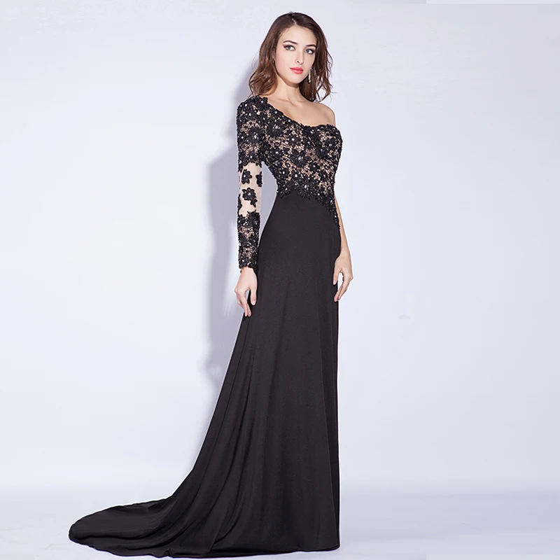 

Wholesale Black Evening Dress ChaoZhou Evening Dresses Long Sleeve One Shoulder With Lace And Beads, Customized