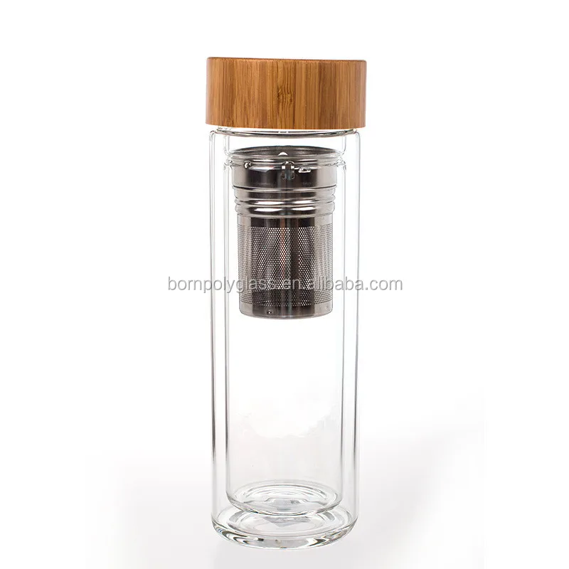 Promotional Double Wall cooking thermal Glass loose tea Bottle With Bamboo Lid