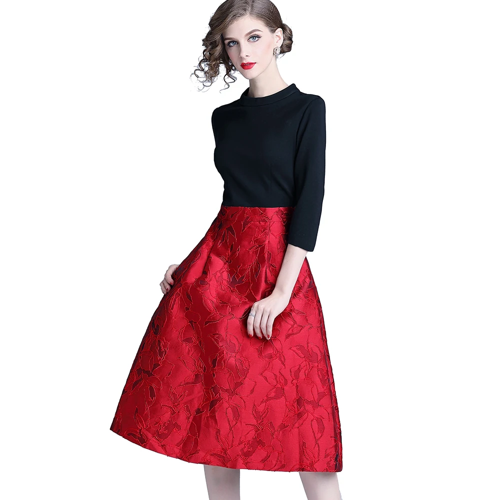 

Wholesale O Neck Three Quarter Sleeve Jacquard Patchwork Women Spring New Fashion A Line Dress, Black and red