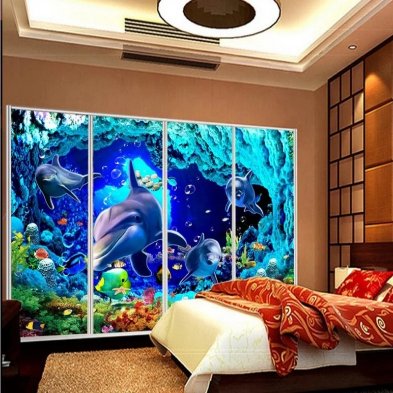 Wallpaper Tahan Air 3D Tepi Laut Dunia Lumba-lumba Dinding Gua Stereo Mural 3D Wallpaper Dapur Rumah Wallpaper Interior