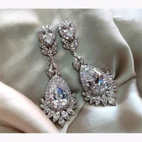 

Luxury white zircon crystal earrings bridal retro royal personality long tassel jewelry earrings for dinner factory direct sale