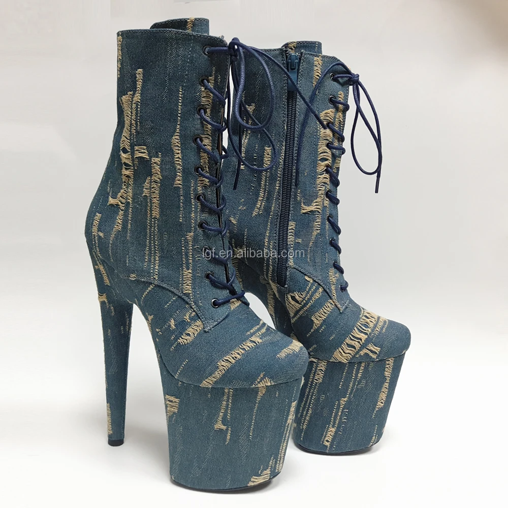 Leecabe Sexy Lace Up Boots Thick Heel Platform With Demin Materials