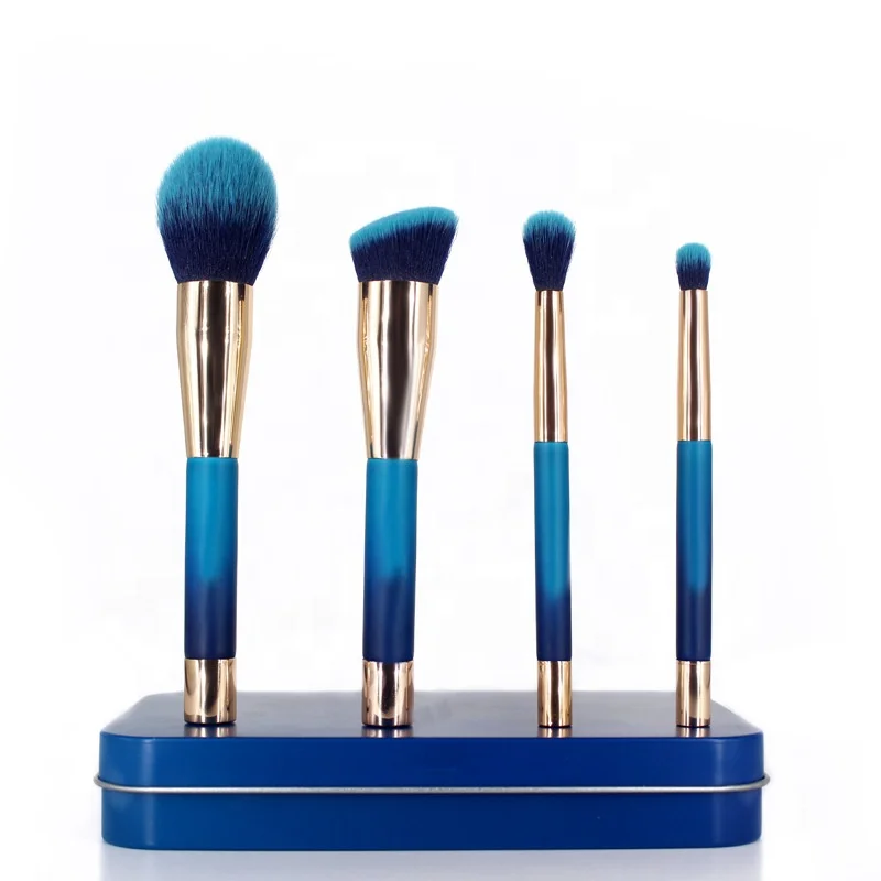 

Popular Blue Magnet 4pcs/set Cosmetic Makeup Brush Set with Tinplate Box