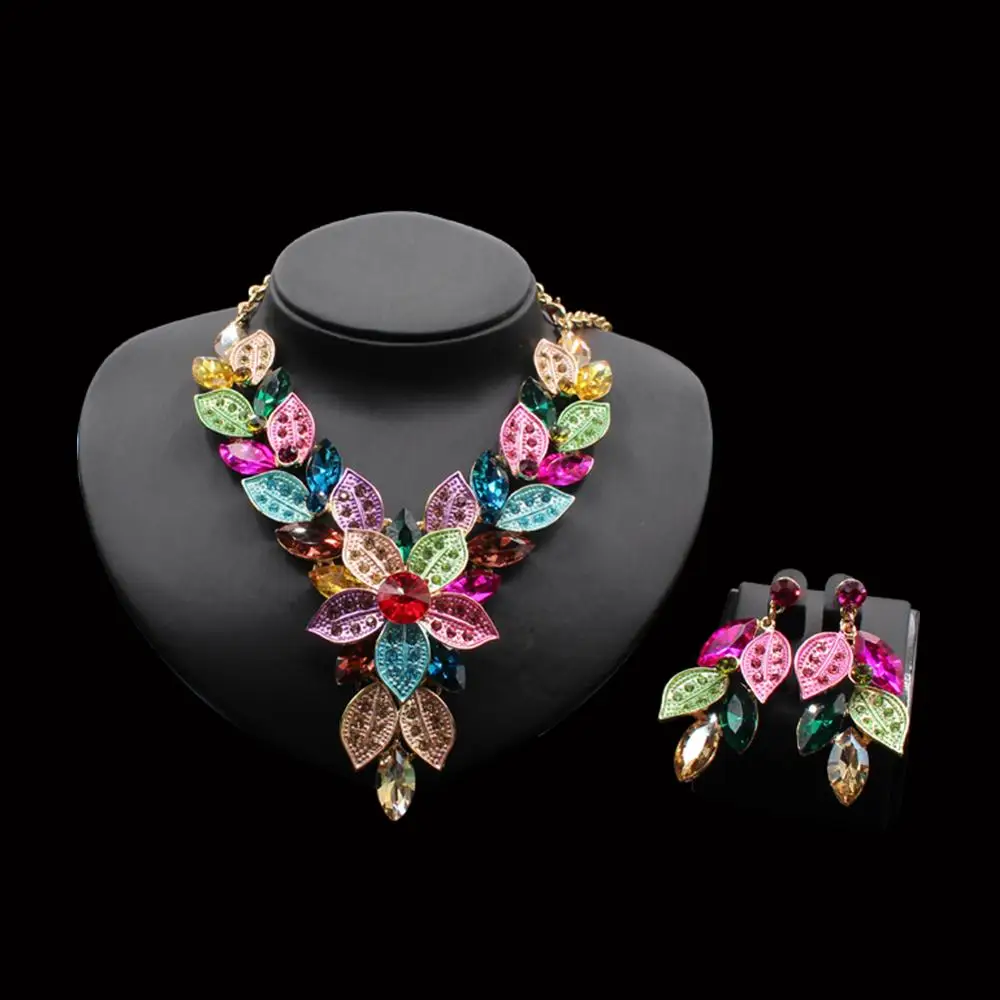 

New Colorful Leaves Crystal African Jewellery Necklace Sets Nigerian Wedding Bridal Jewelry Sets TD50Y100, Picture