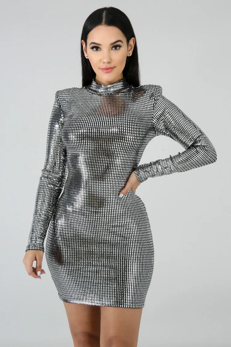 Shiny Metallic Ladies Long Sleeve Sparkling Bandage Bodycon Dress Women Party Club Sexy Mini 6956