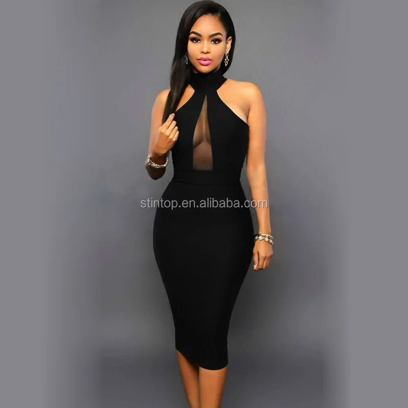 

Women Clothing Wholesale Sexy Black Midi Dresses Sleeveless hanging neck thread splicing sexy dress, N/a