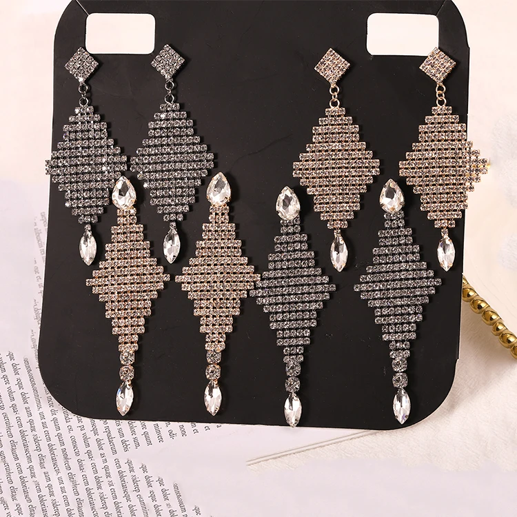 

19844 Dvacaman Statement Diamond Shaped Crystal Drop Earrings Jewelry for Wedding Girl, As pictures