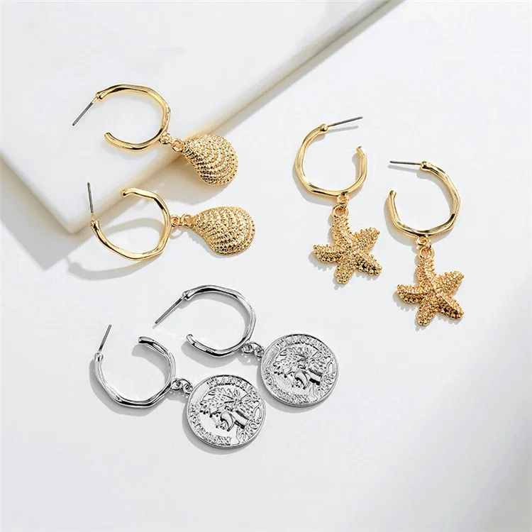 

AH-84497 /TRACYSGER/ nature pearl cowry shell starfish coin earrings