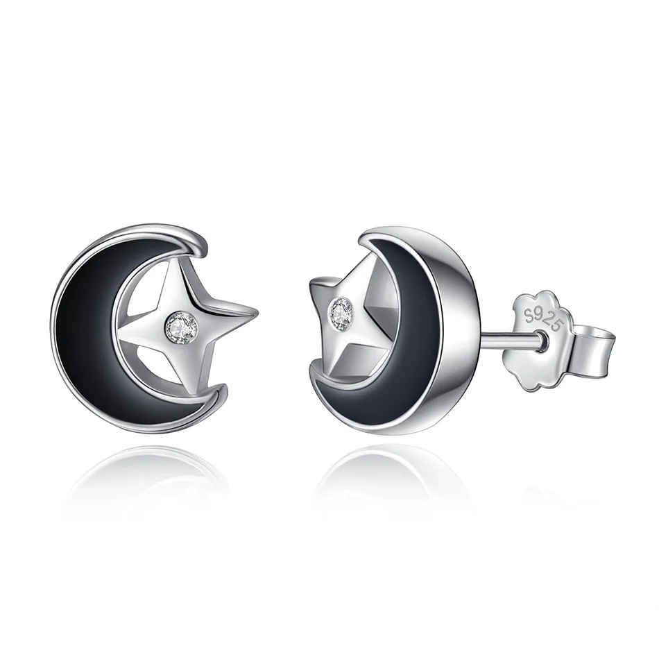 

Authentic 100% 925 Sterling Silver Earrings Vintage Black Enamel Moon & Crystal Star Stud Earrings for Women Daily Party Jewelry