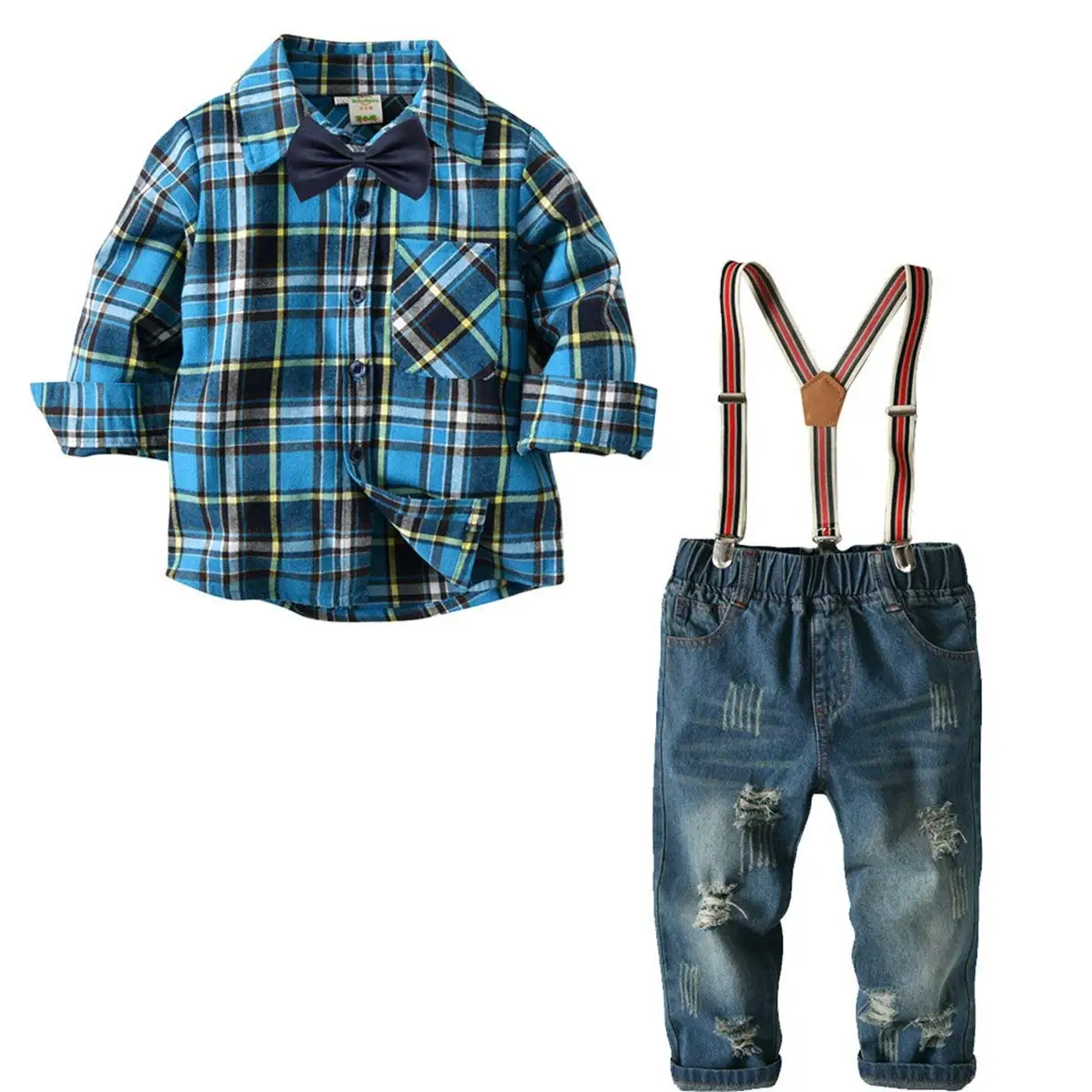 ALLAIBB Baby Toddler Boy Gentleman Outfit Dress Shirt+Suspender Plaid Pants 2Pcs Set