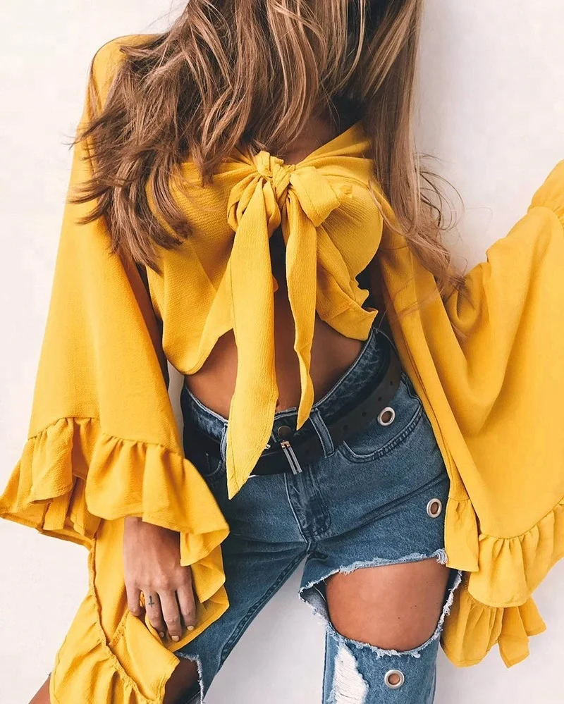 

Summer 2018 Latest women sexy v neck crop tops girl fancy bow knotted flare sleeve colored beach tops, 13 colors