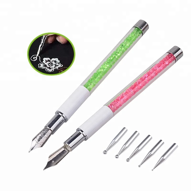 

Misscheering 1pcs Nal Art Design Painting Drawing Line Pen with 5pcs Dotting Heads Rhinestone Salon Nail Beauty Decoration, Pink / green