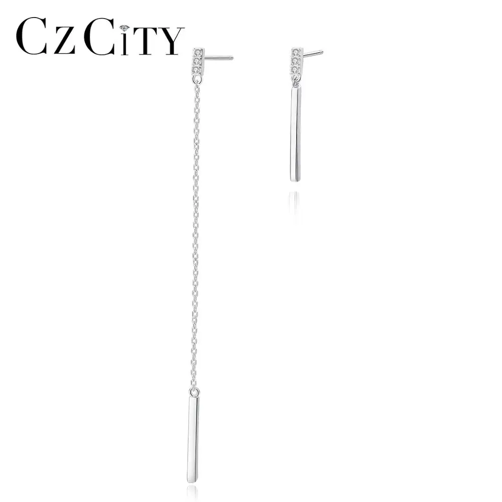 CZCITY S925 Sterling Silver Geometric Symmetrical Long Chain Earring Line Cool Stud Earrings Asymmetric