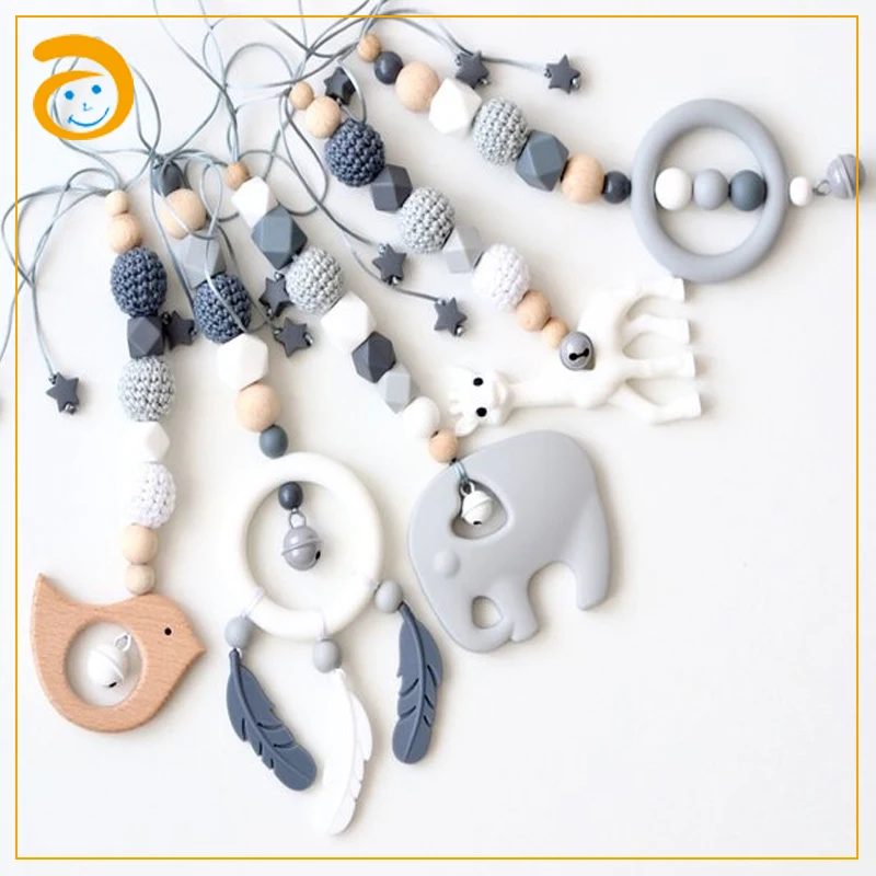 
wooden gym toy wood teether for baby stroller chain 