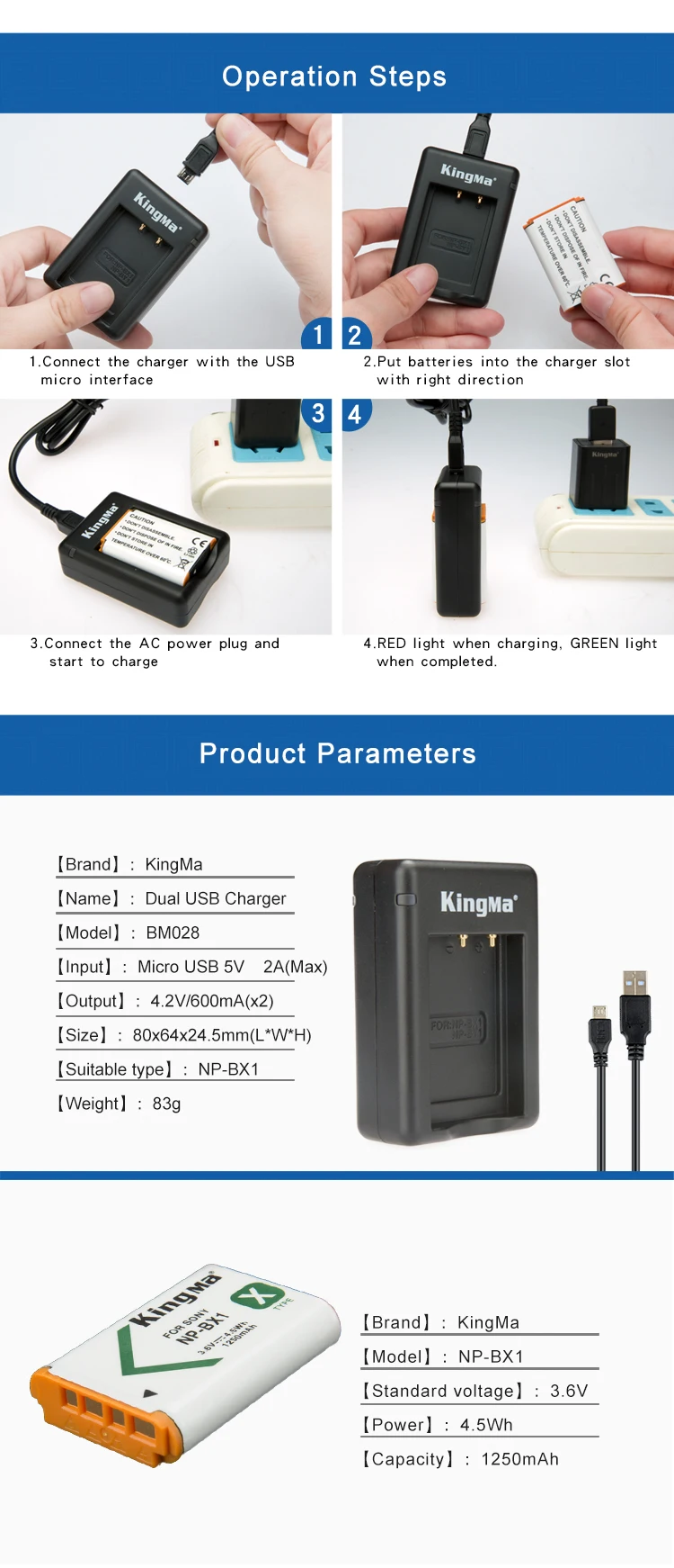 KingMa NP-BX1 Battery (2-Pack) and Rapid Dual USB Battery Charger for Sony NP-BX1/M8 DSC-HX50V HX300 HX400 RX100