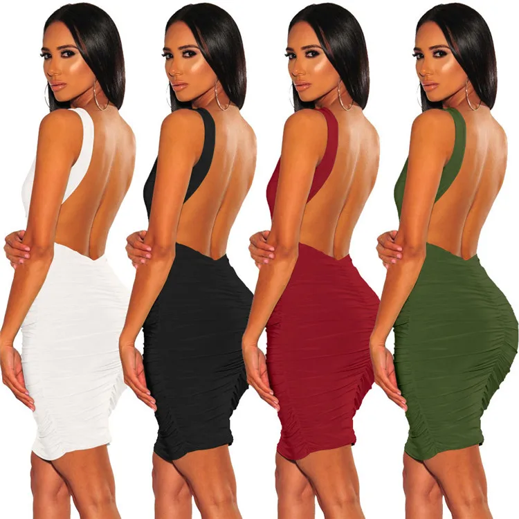 

fashion solid color backless pleated woman sexy night club dress with wholesale price