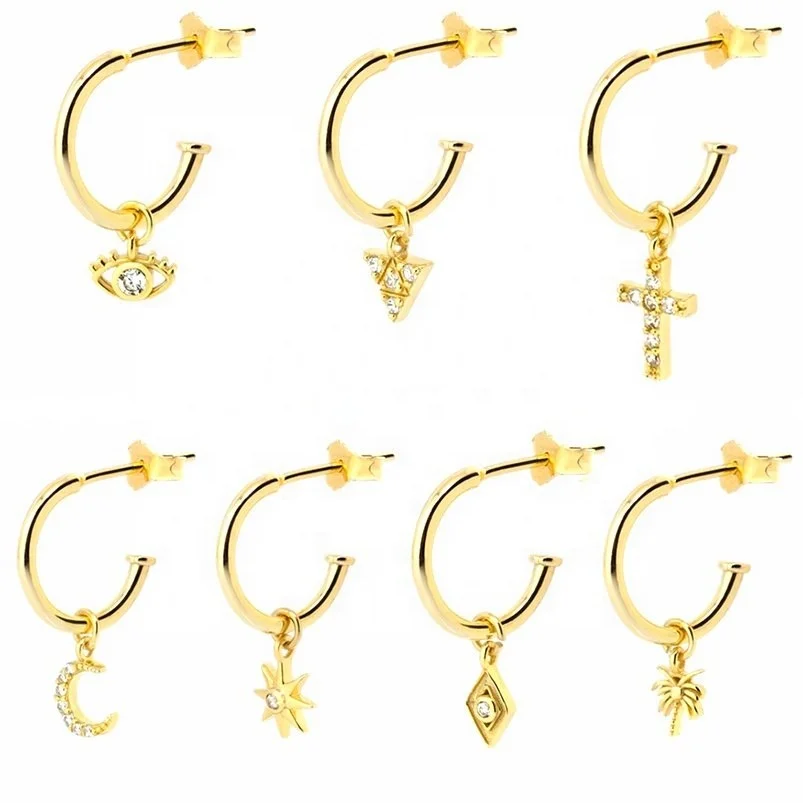
2020 Minimalist jewelry dainty charm huggies 925 silver 18k gold dangle hoop earrings 