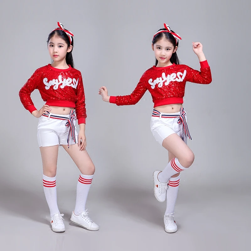 

New Children Girls Long Sleeve Jazz Dance Costume 2 Pieces Hip Hop Sequins Performance Costumes Modern Dancing Clothes ZH7026