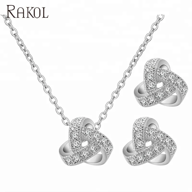 

RAKOL S276 Silver Color crystal CZ zircon Triangle Ribbon Stud Earrings Chain Necklace wedding bridal Jewelry Set S276, As picture