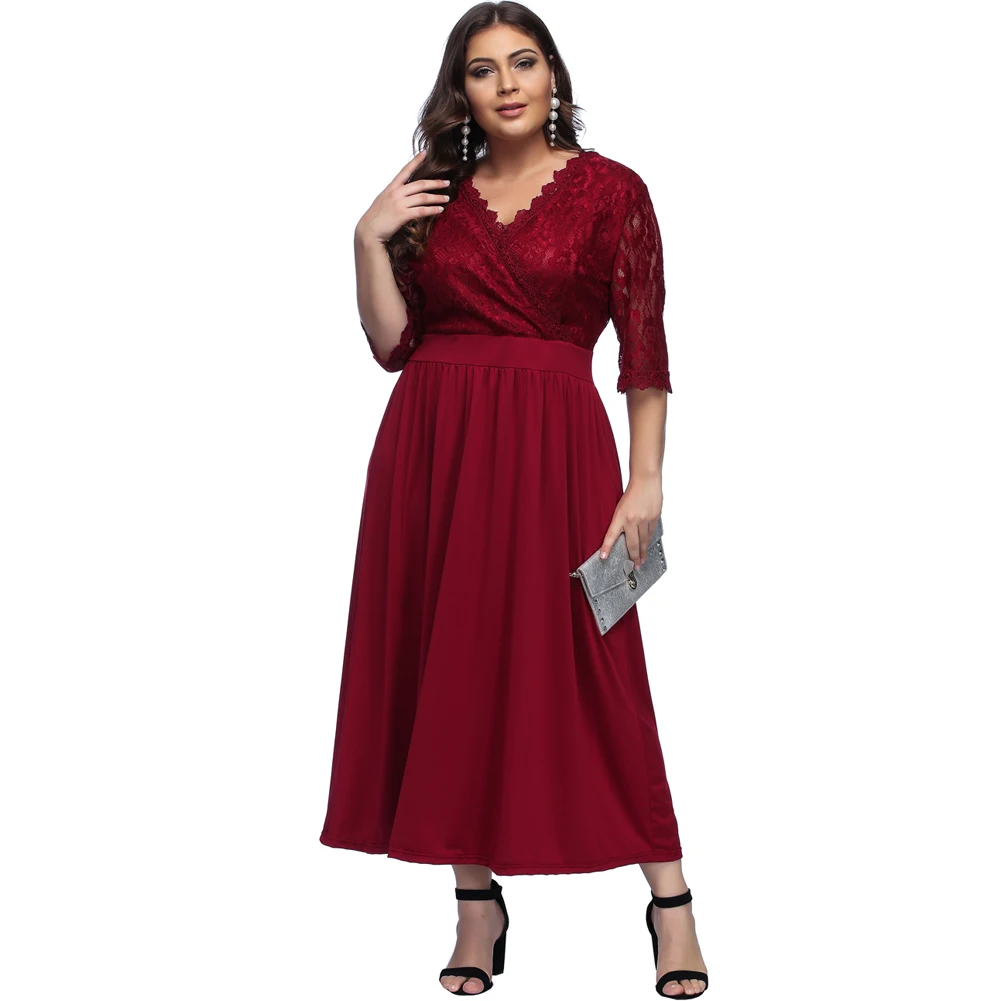 Plus Size Red Floral Printing Lace V-neck Red Maxi Dress - Buy Red Maxi ...