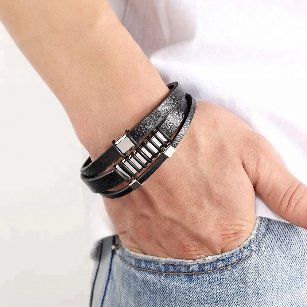 

Men Men Trendy Multi-layer Stripe Accessories Elegant Small Adorn Article Combination Popular Genuine Leather Bracelet, Black