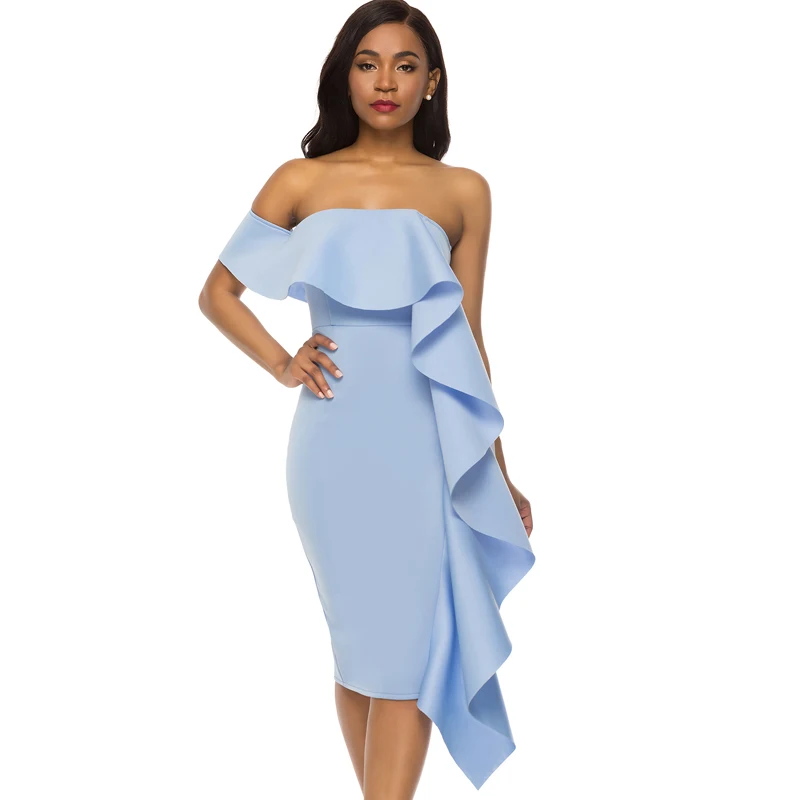 Sexy Bodycon Party Dress Celebrity Evening Ruffle Date Dinner Blue Girl Prom Dresses