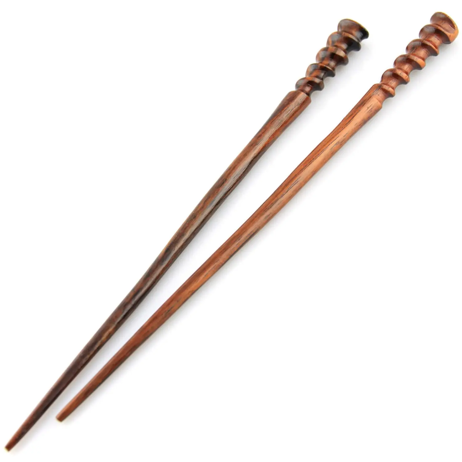 Evolatree Natural Hair Pin Chopsticks - Pair of Spiral Hair Sticks for Women and Men - Hand Carved Wood Styling Pin Set - Fine Cut Spiral - 7.5 Inches Long