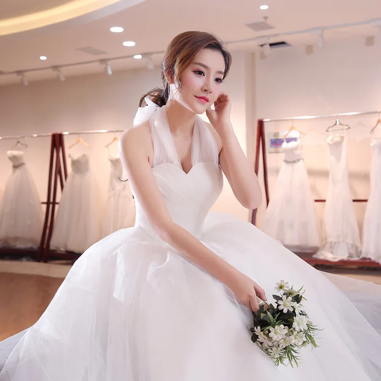 2018 Women Simple Halter Floor Length White Flat shoulder Back Bowknot Wedding Bridal Dresses