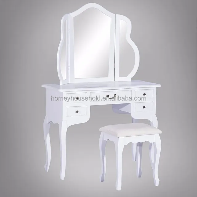 Deluxe White Girl Makeup Table Vanity Mirror Wooden Dressing Table